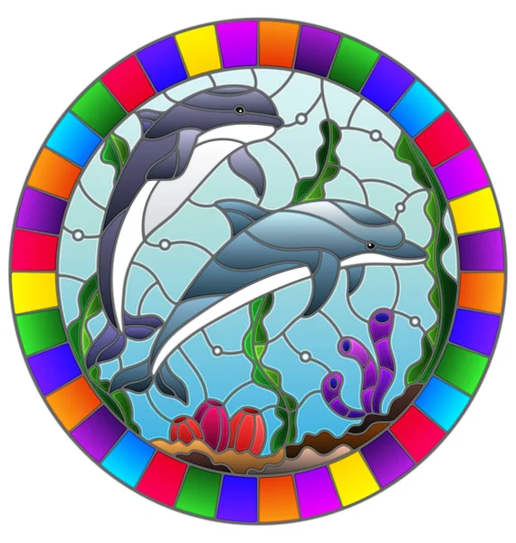 Illustration in stained glass style with a pair of dolphins on the background of water and the seabed,oval image in bright frame — Stock Vector