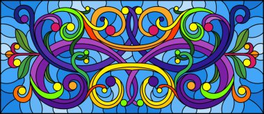 Mavi arka planda soyut girdaplar, çiçekler ve yapraklar ile boyalı cam tarzında resim, yatay yönelim