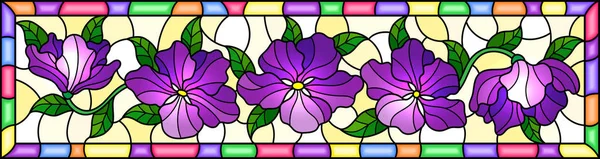 Ilustración en estilo vitral con flores y hojas de color púrpura sobre fondo amarillo, imagen horizontal en marco brillante — Archivo Imágenes Vectoriales