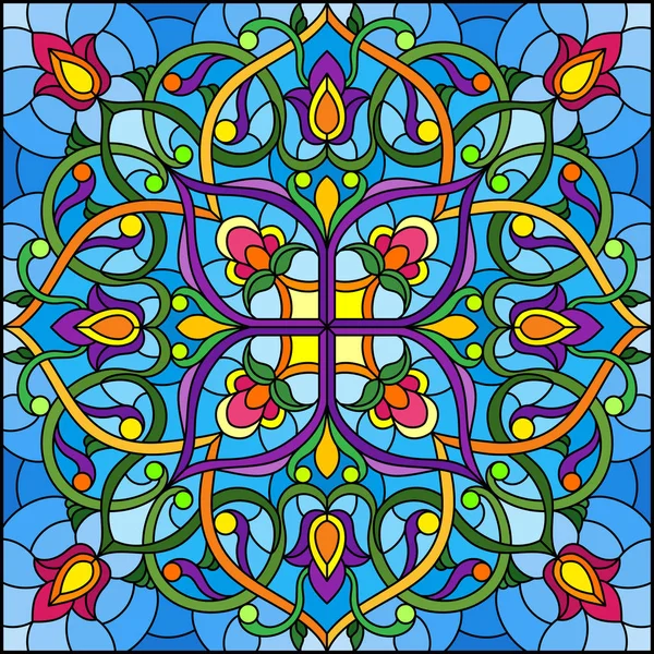 Ilustração em vitrais com ornamentos florais abstratos, flores, folhas e cachos sobre fundo azul, ilustração quadrada — Vetor de Stock