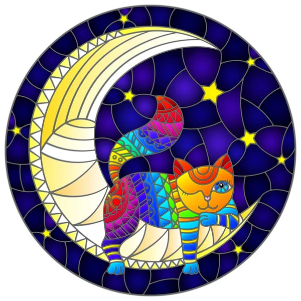Ilustrace ve stylu barevného skla s báječným duhovou kočičou na měsíci na hvězdnaté obloze, kulatý obraz — Stockový vektor