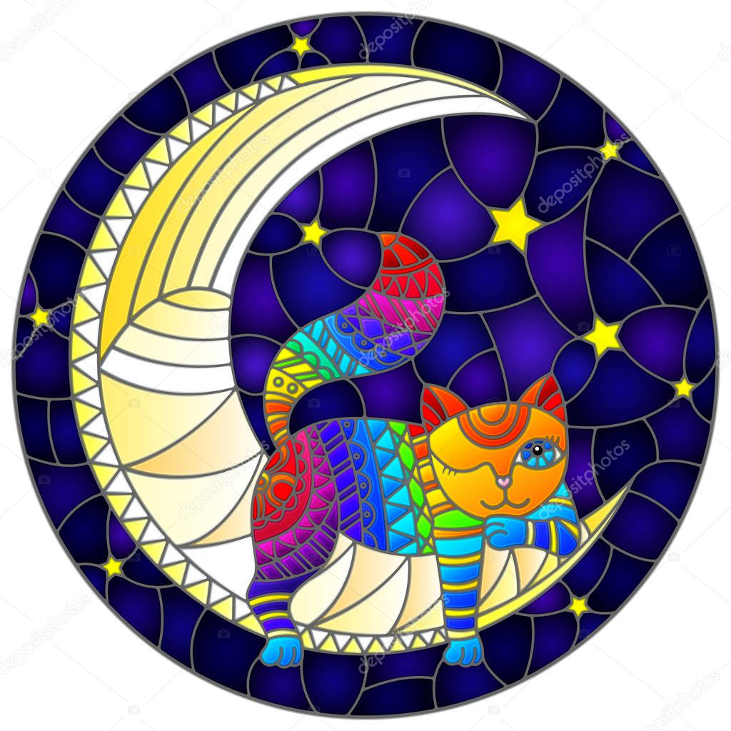 Illustration in stained glass style with fabulous rainbow kitten  on the moon on a starry sky background, round image 