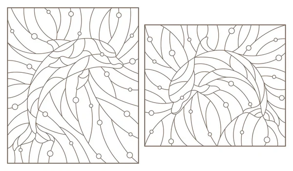 ステンドグラスの輪郭線のセットイルカと窓,白い背景に暗い輪郭線 — ストックベクタ