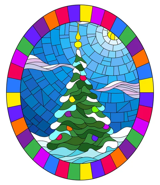 Ilustración en estilo vitral con un árbol de Navidad sobre un fondo de nieve y cielo, ilustración ovalada en marco brillante — Vector de stock