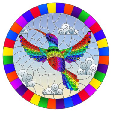 Gökkuşağı soyut Sinekkuşu kuş gökyüzü ve bulutlar, parlak çerçeve içinde oval görüntü karşı uçan ile vitray tarzı İllüstrasyon