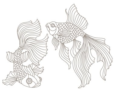 Goldfish ile vitray Pencereler kontur çizimleri bir dizi, beyaz bir arka plan üzerinde koyu konturlar