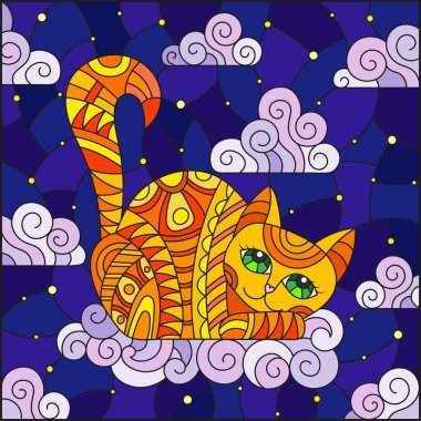 Vitray illüstrasyon karikatür kırmızı kedi arka planda yıldızlı gökyüzü ve bulutlar