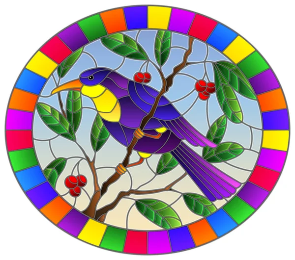Иллюстрация в стиле витража с красивой ярко-фиолетовой птицей на фоне ветки дерева и неба, овальное изображение в яркой рамке — стоковый вектор
