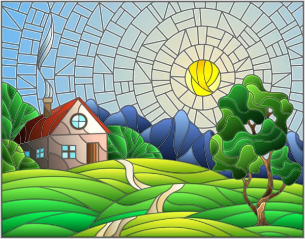 Illustration in stained glass style landscape with a lonely house amid field, sun and sky — стоковый вектор