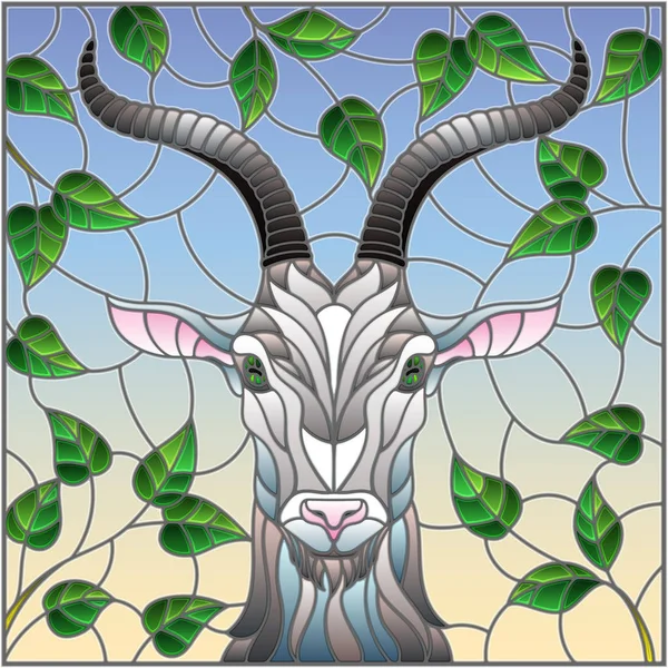 Ilustración en estilo vitral con cabeza de cabra, sobre el fondo de ramas de árboles y el cielo, una imagen rectangular — Archivo Imágenes Vectoriales