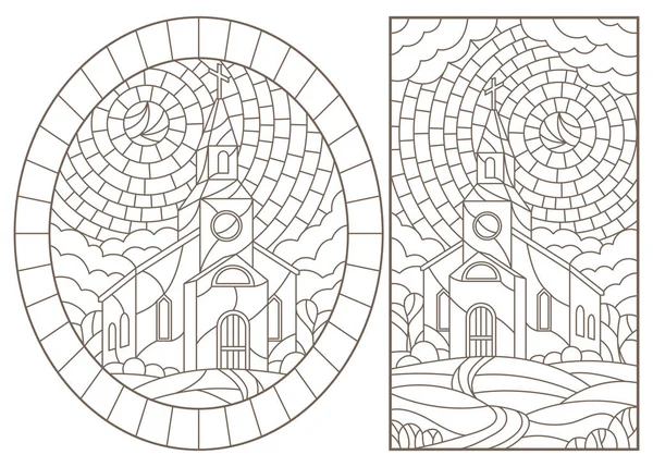 Série d'illustrations de contours de vitraux avec temples sur fond de paysages, contours sombres sur fond blanc — Image vectorielle