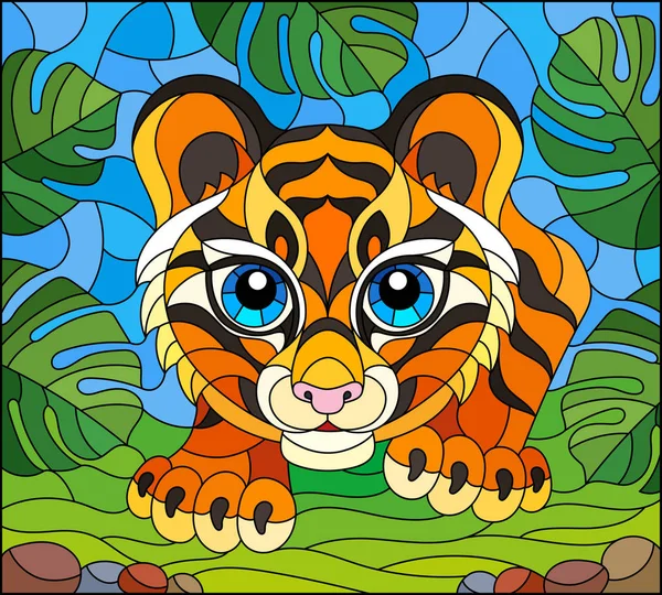 Illustration en vitrail avec bébé tigre à la chasse, animal sur fond de feuilles tropicales — Image vectorielle