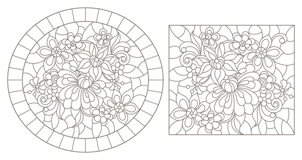 Set di illustrazioni di contorno di vetrate con fiori astratti, contorni scuri su sfondo bianco — Vettoriale Stock