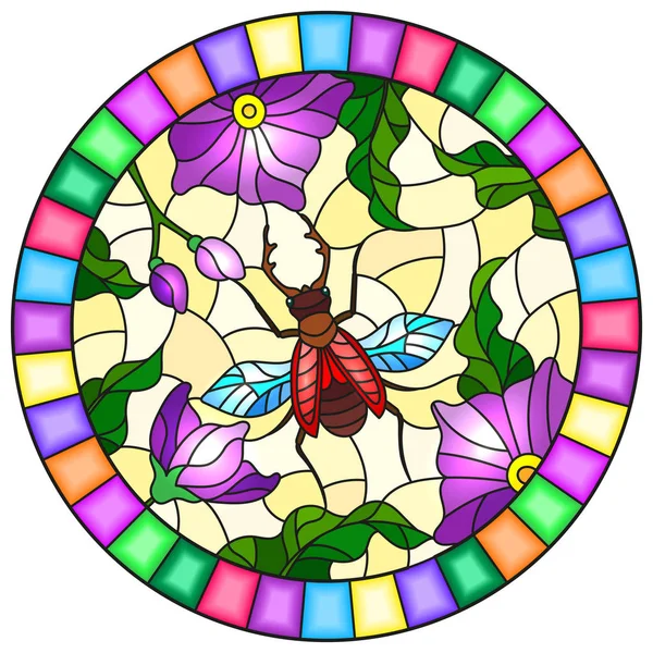 Ilustração em estilo vitral com flores roxas brilhantes e inseto vermelho em um fundo amarelo, imagem redonda em quadro brilhante —  Vetores de Stock