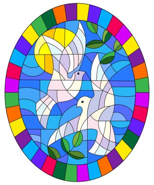 Vitray tarzı bir arka planda beyaz güvercin çifti ile illüstrasyon gündüz gökyüzü ve bulutlar, parlak bir çerçeveye oval resim
