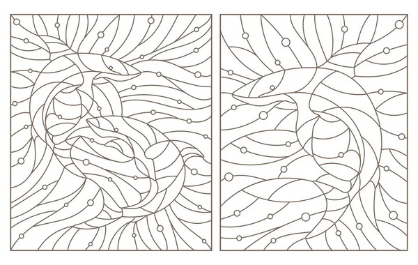 Série d'illustrations de contours de vitraux avec requins, contours sombres sur fond blanc — Image vectorielle