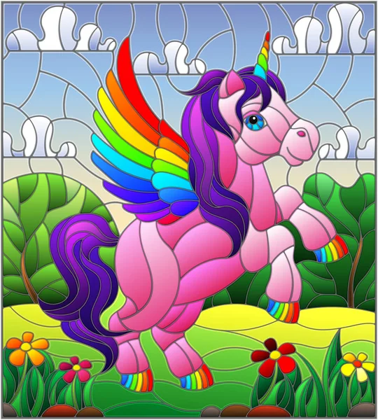Ilustración en estilo vidriera con unicornio de dibujos animados rosa sobre fondo de vegetación y cielo — Vector de stock