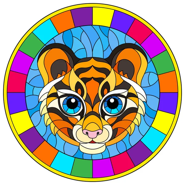 L'illustration en peinture de style vitrail avec une tête de tigre, une image circulaire avec un cadre lumineux — Image vectorielle