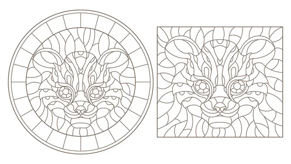 Stel contour illustraties van gebrandschilderd glas met een Cheetah hoofd, ronde en vierkante afbeelding, donkere contouren op witte achtergrond — Stockvector