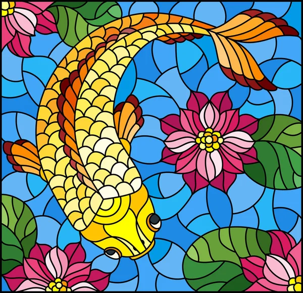 Ilustración en estilo vitral con un pez dorado sobre un fondo de lotos rosados y agua — Vector de stock