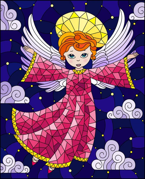 Ilustração em estilo vitral com anjo dos desenhos animados em vestido rosa contra o céu noturno nublado —  Vetores de Stock