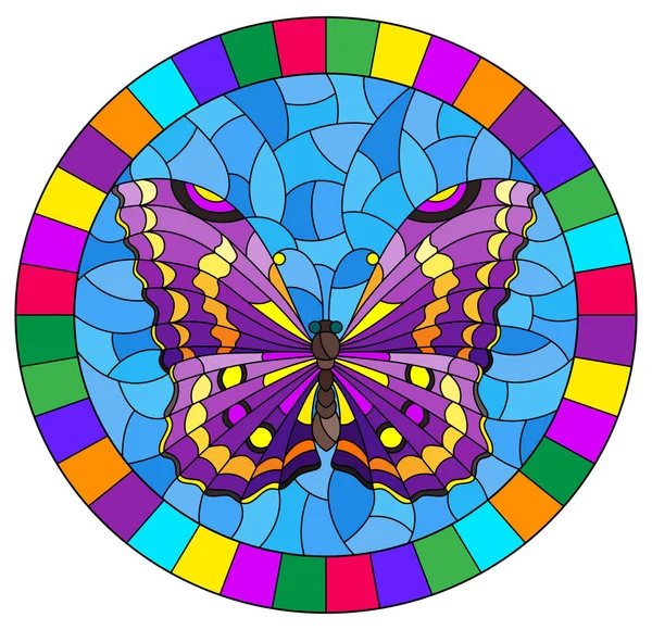 Ilustrace ve stylu barevného skla s jasně fialovým motýlem na modrém pozadí, oválný obraz v jasném rámu — Stockový vektor