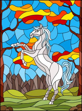 Sonbahar ağaçları, dağlar ve gökyüzü arka planda vahşi at ile vitray tarzı İllüstrasyon