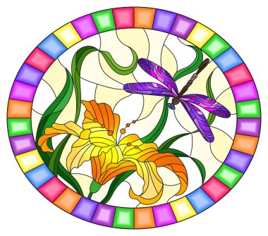 Gökyüzüne karşı parlak mor yusufçuk ile vitray tarzı İllüstrasyon, yeşillik ve turuncu Lily çiçek, parlak çerçeve oval görüntü