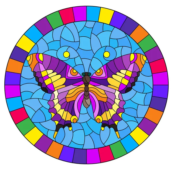 Ilustração em estilo vitral com borboleta roxa brilhante no fundo azul, imagem oval no quadro brilhante —  Vetores de Stock