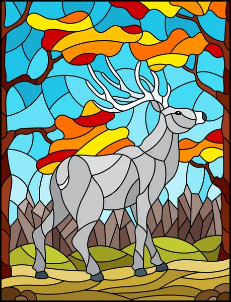 Ilustracja w stylu witraży z dzikim jeleniem na tle jesiennych drzew, gór i nieba — Wektor stockowy