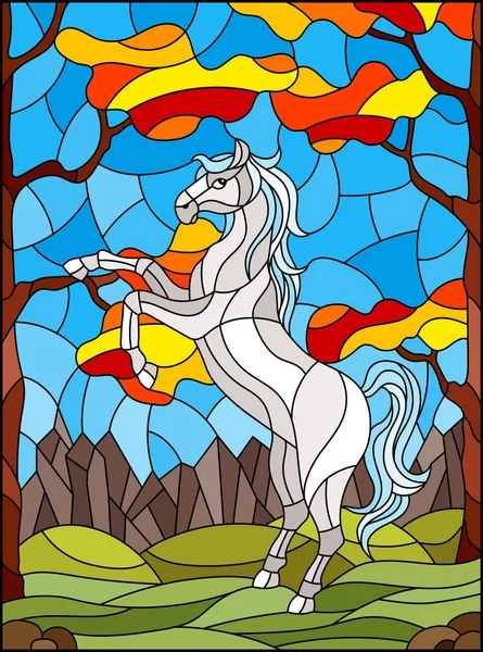 Ilustración en estilo vitral con caballo salvaje sobre el fondo de árboles otoñales, montañas y cielo — Archivo Imágenes Vectoriales