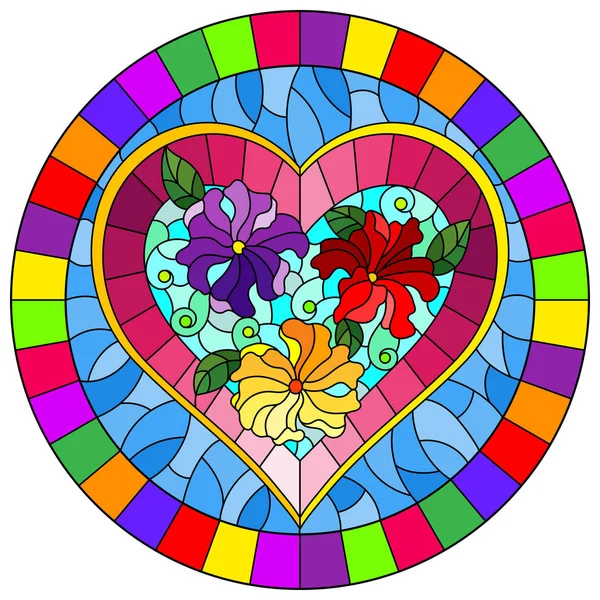 Εικόνα σε χρωματισμένο γυαλί στυλ με φωτεινή ροζ καρδιά και λουλούδια σε μπλε φόντο, οβάλ εικόνα σε φωτεινό πλαίσιο — Διανυσματικό Αρχείο