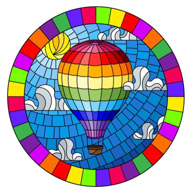Gökyüzü, güneş ve bulutlar arka plan, parlak çerçeve oval resim üzerinde balon ile vitray tarzı İllüstrasyon
