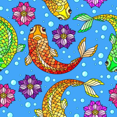 Renkli balıklar, nilüfer çiçekleri ve mavi arka planda kabarcıklar olan kusursuz bir desen.