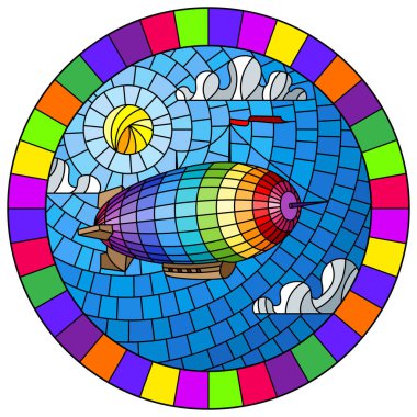 Gökyüzü, güneş ve bulutlar arka plan, parlak çerçeve oval resim üzerinde balon ile vitray tarzı İllüstrasyon