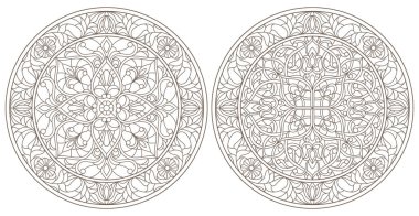 Vitray, vitray çiçek, karanlık Anahat Beyaz bir arka plan üzerinde yuvarlak kontur çizimleri ayarla