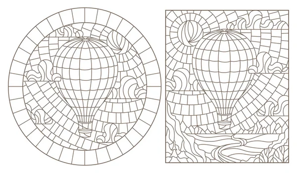 En uppsättning av kontur illustrationer av blyinfattade fönster med ballonger på en himmel bakgrund, mörka konturer på en vit bakgrund — Stock vektor
