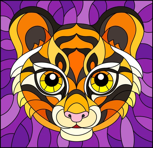 L'illustration en peinture de style vitrail avec une tête de tigre sur un fond violet — Image vectorielle