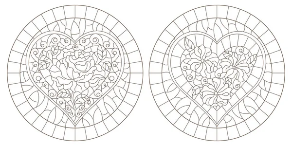 Série d'illustrations de contours de vitraux avec des cœurs et des fleurs abstraits, contours sombres sur fond blanc, images rondes — Image vectorielle