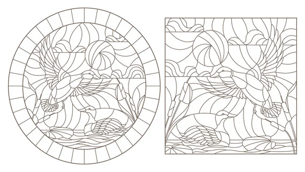 En uppsättning kon tur illustrationer av blyinfattade fönster med ankor på bakgrunden av dammen och himlen, mörka konturer på en vit bakgrund — Stock vektor
