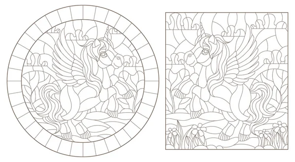 Иллюстрация в витражном стиле с единорогами на фоне пейзажа, овальное изображение в яркой рамке — стоковый вектор