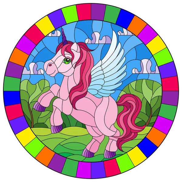 Illustration in stained glass style with pink cartoon unicorn on  background of  greenery and sky, oval image in bright frame — Stock Vector