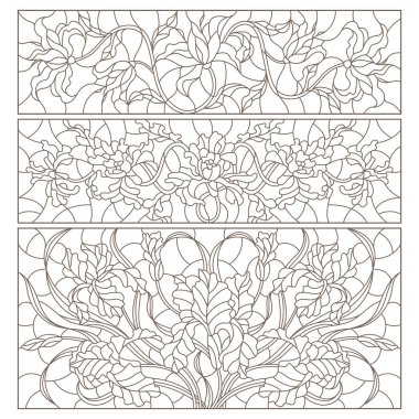 Buketleri ve çiçekler, zambak ve irises, yatay odaklı, beyaz arka plan üzerinde koyu anahatlar ile kontur vitray illüstrasyonlar seti