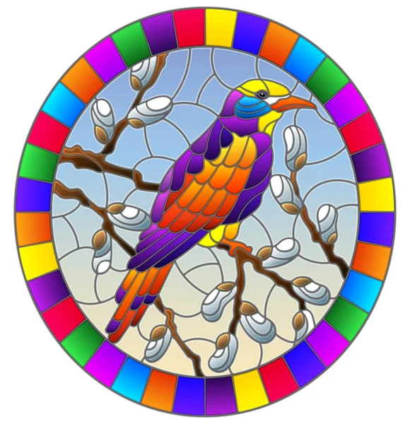 Ilustrace ve stylu barevného skla s jasným ptákem na vrbovém větvení proti obloze, oválný obraz v jasném rámu — Stockový vektor