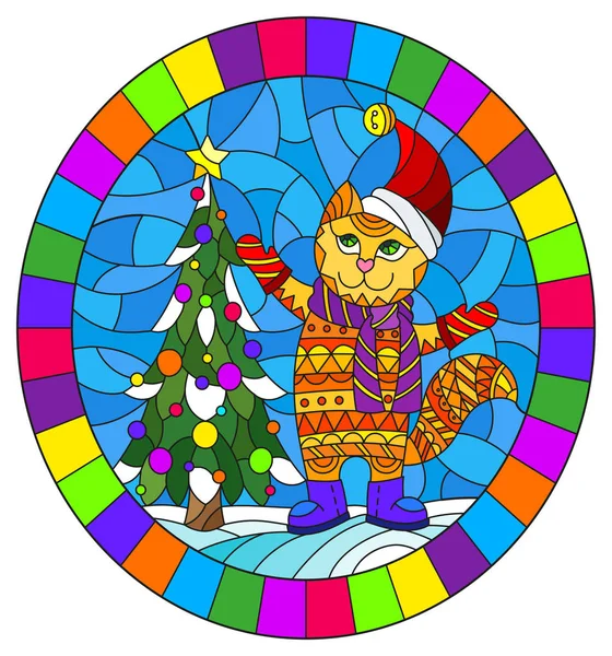 Ilustración en estilo vitral con gato divertido en sombrero de Santa y árbol de Navidad sobre un fondo de nieve y cielo, imagen ovalada en marco brillante — Vector de stock