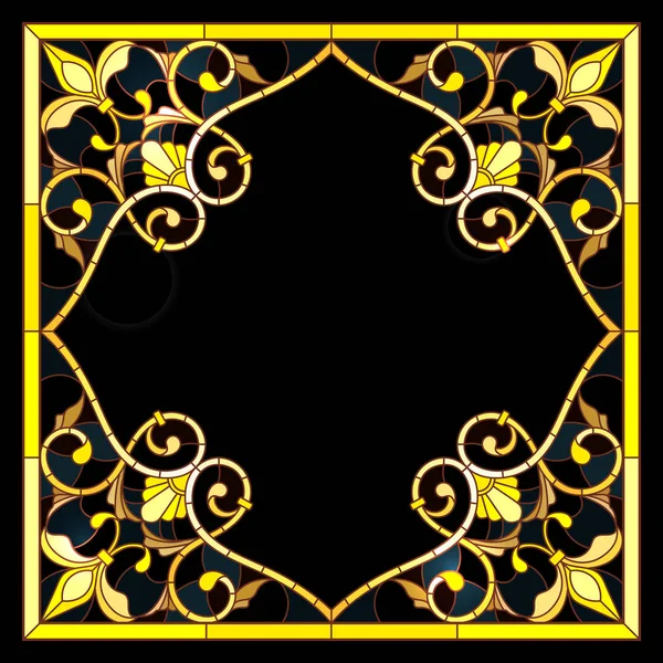 Illustration in stained glass style frame with floral,golden flowers and leaves on a dark background,rectangular image — Stock Vector