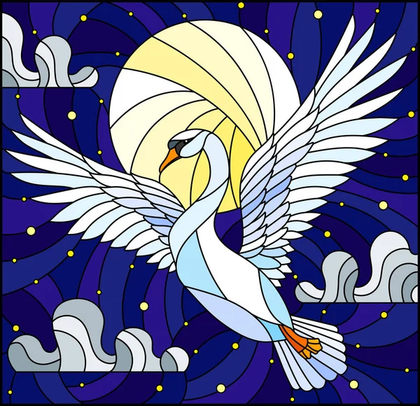 Ilustración en estilo vidriera con cisne blanco volador en el fondo del cielo estrellado, la luna y las nubes — Vector de stock