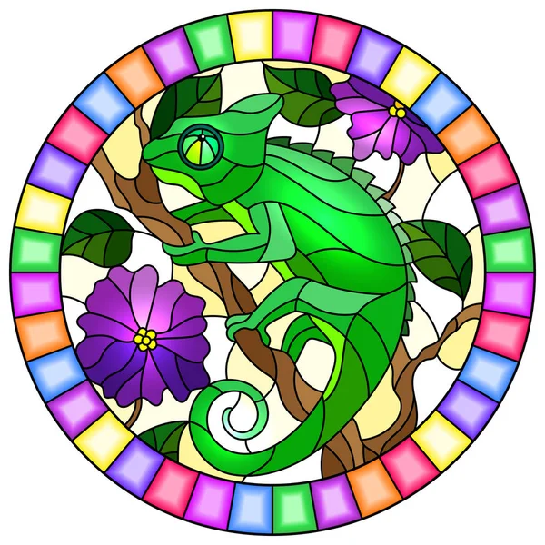 Ilustrace ve stylu barevného skla s jasně zeleným Chameleon na větvích na pozadí s listy a květinami na světle pozadí, kulatý obraz v jasném rámu — Stockový vektor