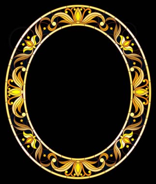 Vitray tarzı çerçeve çiçek, altın çiçek ve yaprakları koyu arka plan üzerinde resimde