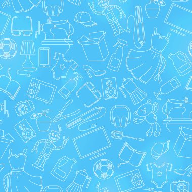 Çeşitli ürün ve alışverişlerde dikişsiz desen, basit satın alma simgeleri, mavi arka planda ışık konturları